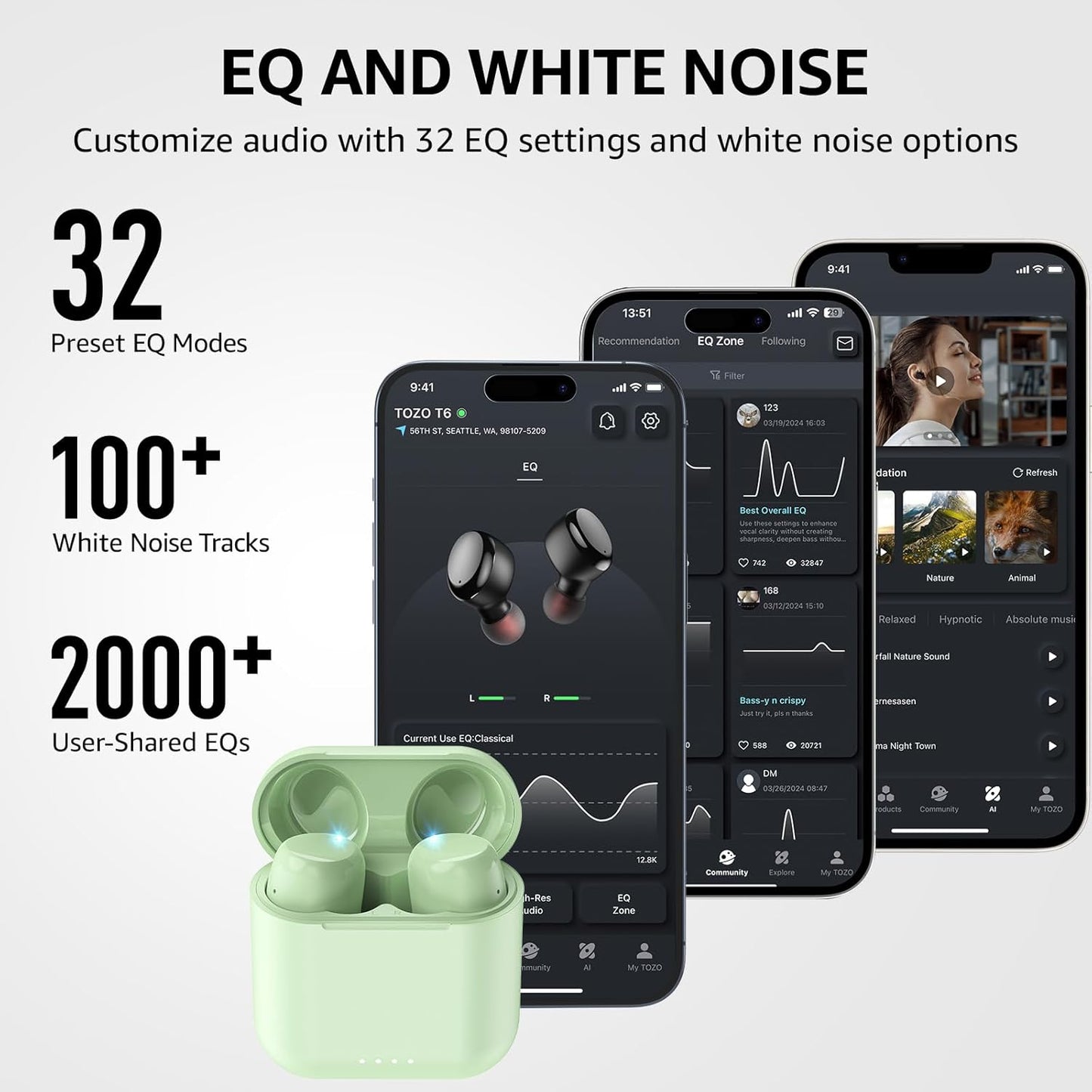 TOZO T6 Wireless Earbuds, Bluetooth 5.3 Ear Buds, Stereo Sound in Ear Headphones, 50 Hours Playtime, Wireless Charging Case, APP Customizable EQs, IPX8 Waterproof Earphones
