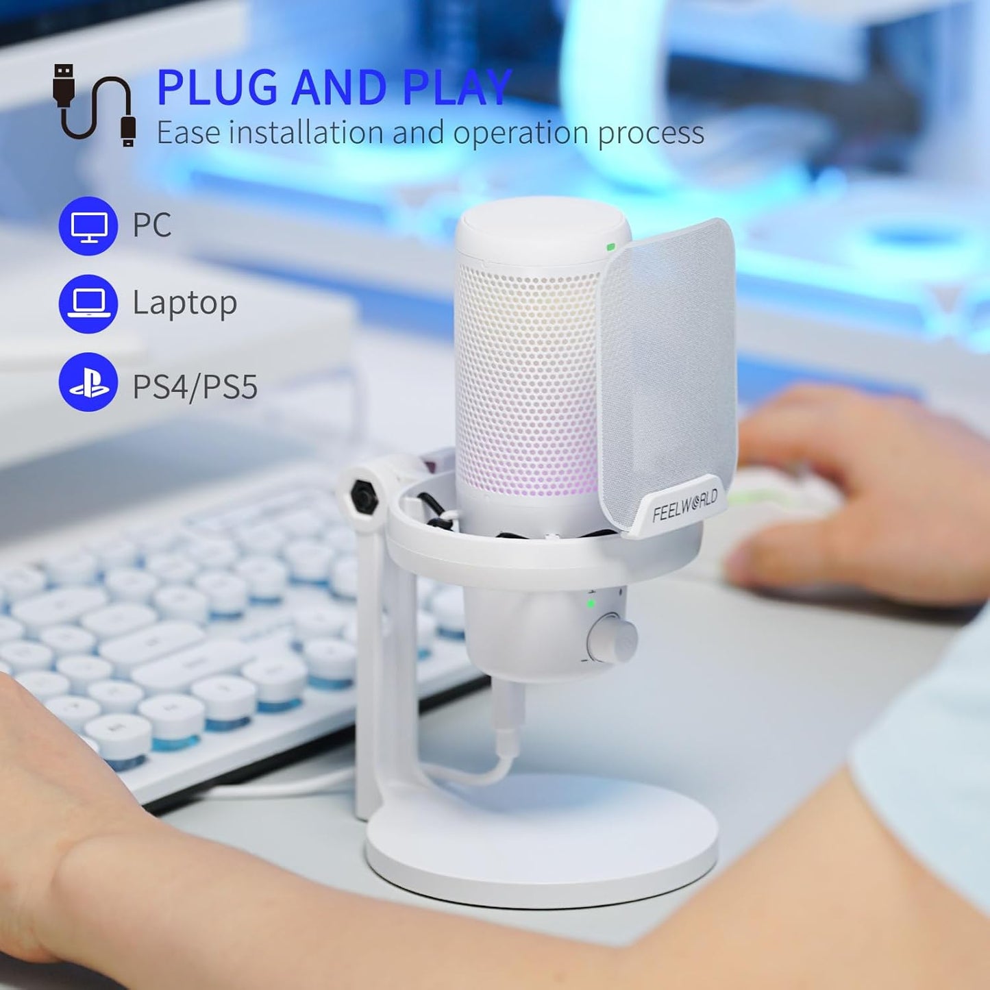FEELWORLD VM1 White Gaming PC USB Microphone Condenser Mic with Noise Cancellation Mute RGB Light, Computer Accessories Gifts for Gamer YouTube Twitch Podcast Streaming Recording Online Chat PS4 PS5