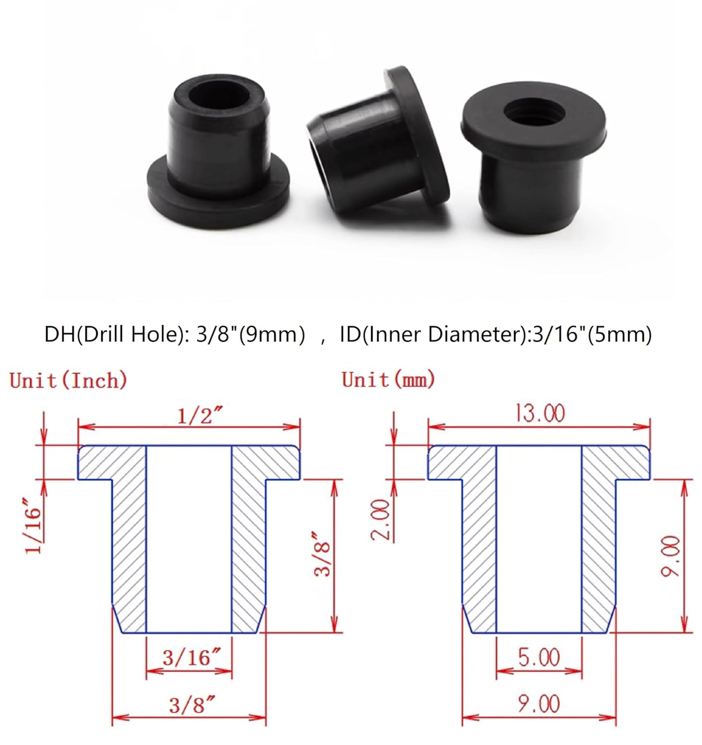 25 pcs 3/8" Drill Hole，3/16" ID Black Silicone Top hat Rubber Grommets for Wiring，Automotive，Firewall，Hole Plug，Desk，Screw，Water and Gas Pipe，Drain，House Siding，Cable Bushing，Glass，Wire Plug