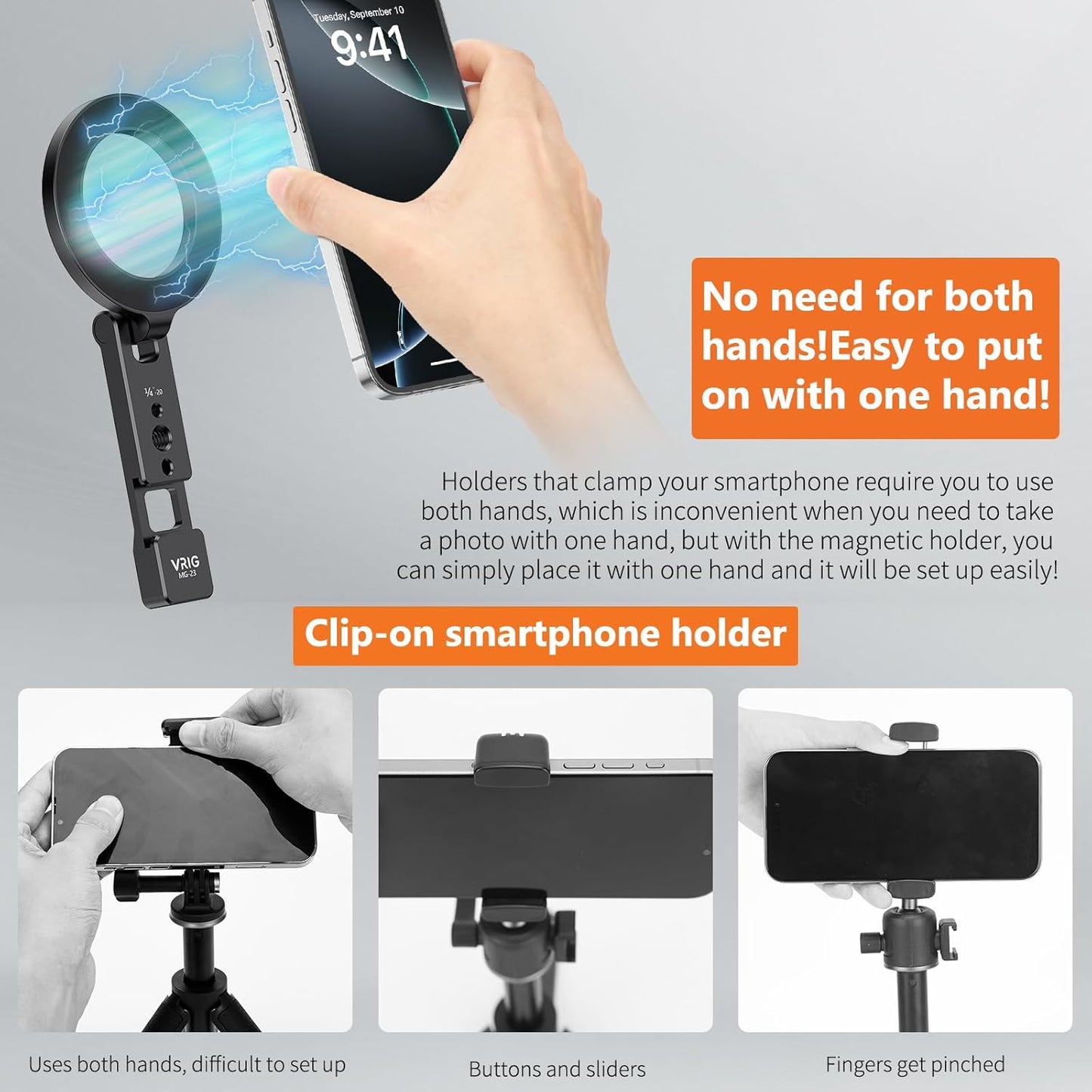 VRIG Magnetic Phone Holder Compatible with Magsafe for iPhone 16 15 14 13 12 Pro Max Plus Series,Aluminum Tripod Mount Adapter with 1/4”-20 & Cold Shoe for Video Recording