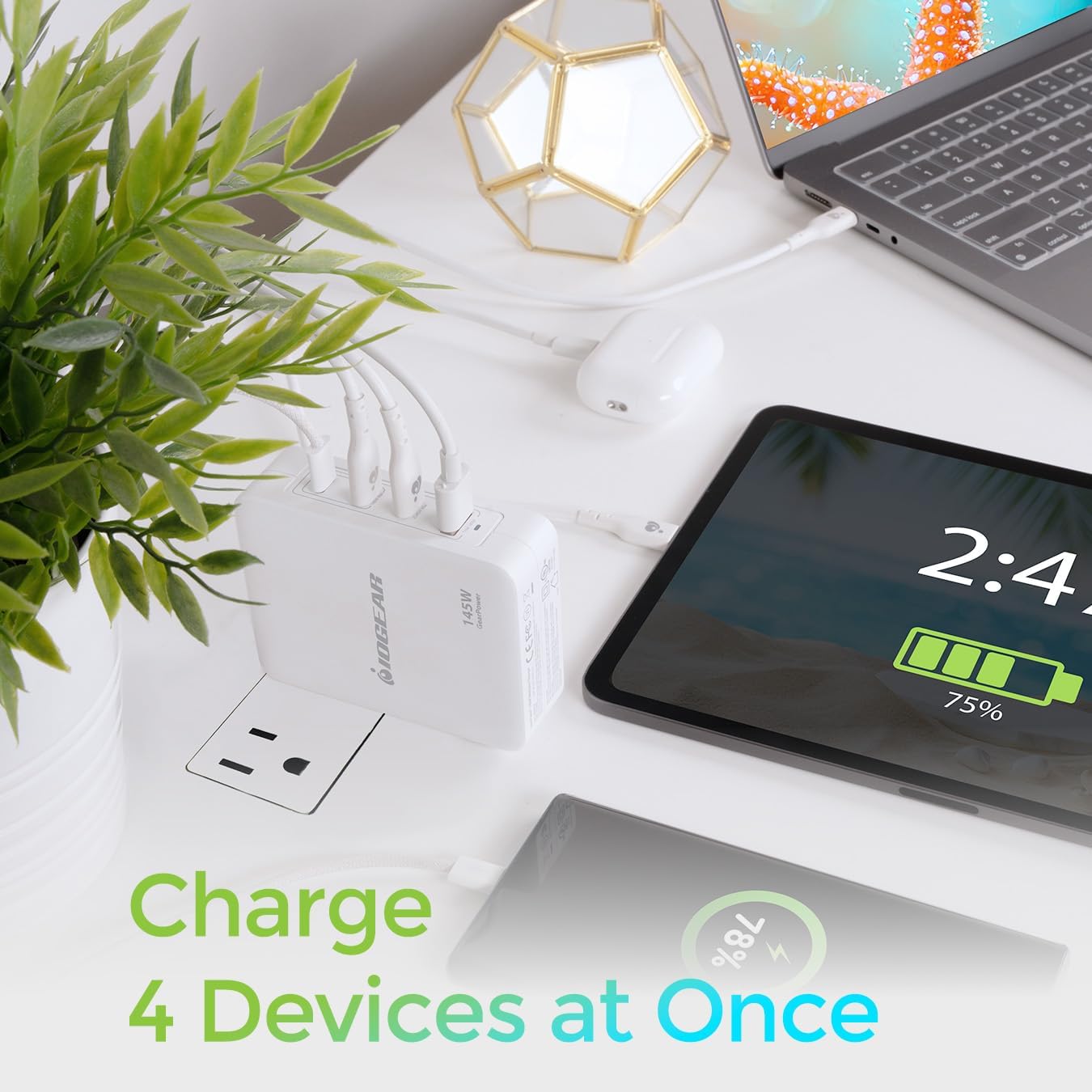 IOGEAR GearPower 145W Multiport Charger, GaN, 4 Port, USB-C Cable, iPhone 16, MacBook Pro/Air, iPad Pro, Google Pixel, Travel Wall Charger, Cable Included, GPAWC145W