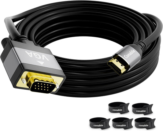 HDMI to VGA Cable 20 FT, Uni-Directional HDMI (Source) to VGA (Display) Cable, Black Male to Male Cord, Gold-plated Connectors, Aluminum Shells, for PC, Desktop, Laptop, Monitor, Projector, HDTV, Xbox