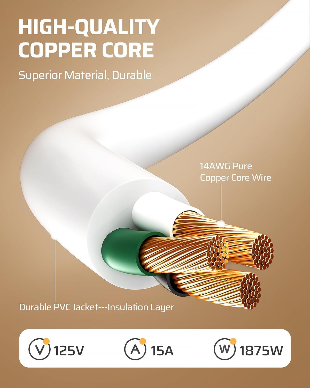 DEWENWILS 1FT Extension Cord Indoor, 14 Gauge Short Flat Plug Extension Cord White with 3 Prong, Low Profile Power Cable SJT, ETL Listed, 3 Pack