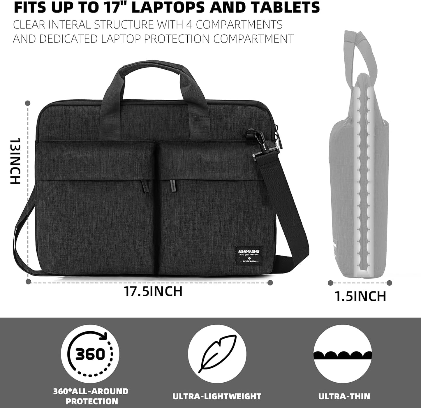 KINGSLONG 17-17.3 inch Slim Laptop Bag, Computer Carrying Case with Shoulder Strap, Notebook Handbag Cover for Men Women Fits Acer Asus Lenovo HP Toshiba Black
