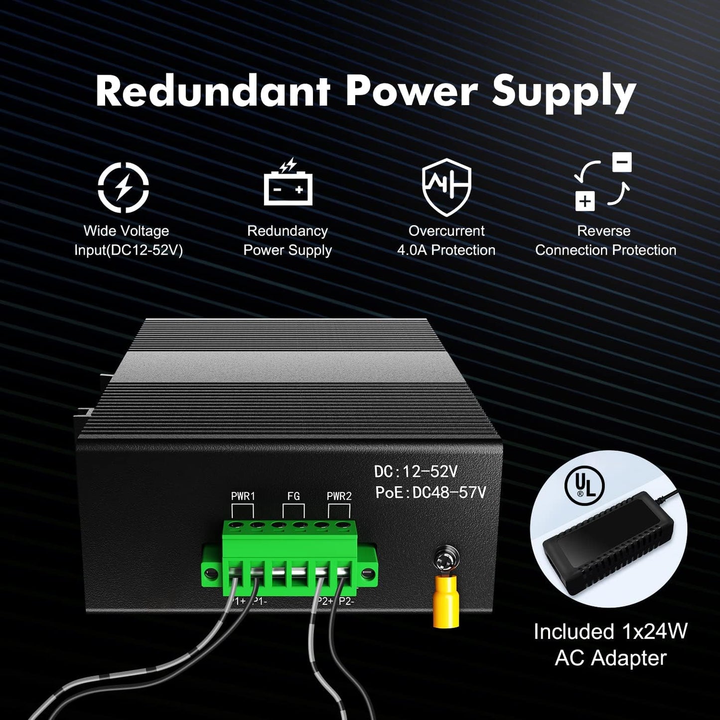 MokerLink 5 Port Industrial DIN-Rail Network Switch, 4 Gigabit Ethernet, 1 SFP, 14Gbps Switching Capacity, IP40 Rated (-40 to 185F), With UL Power Supply
