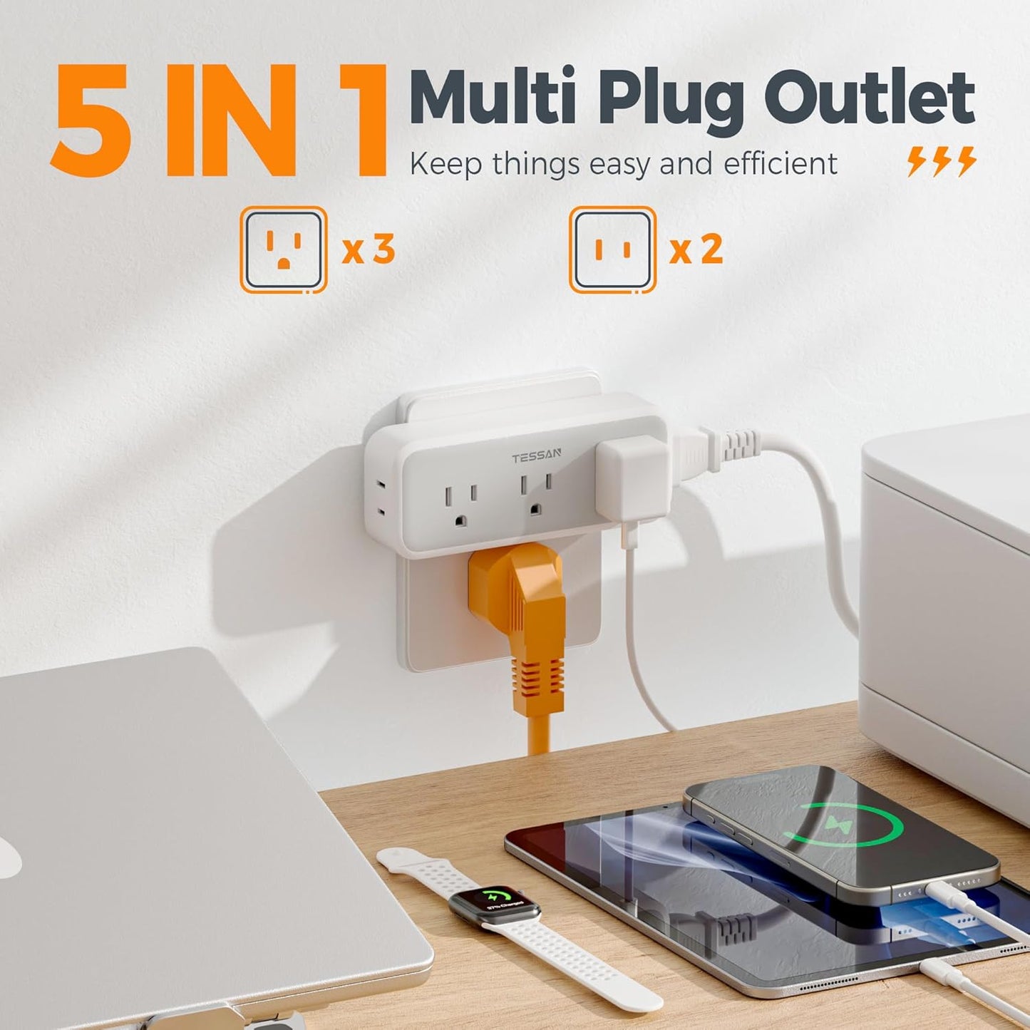 Multi Plug Outlet Splitter, TESSAN Surge Protector Wall Plug Splitter with 5 Outlet Extender, 3-Sided Charging Station for School Home Office Dorm Room Essentials