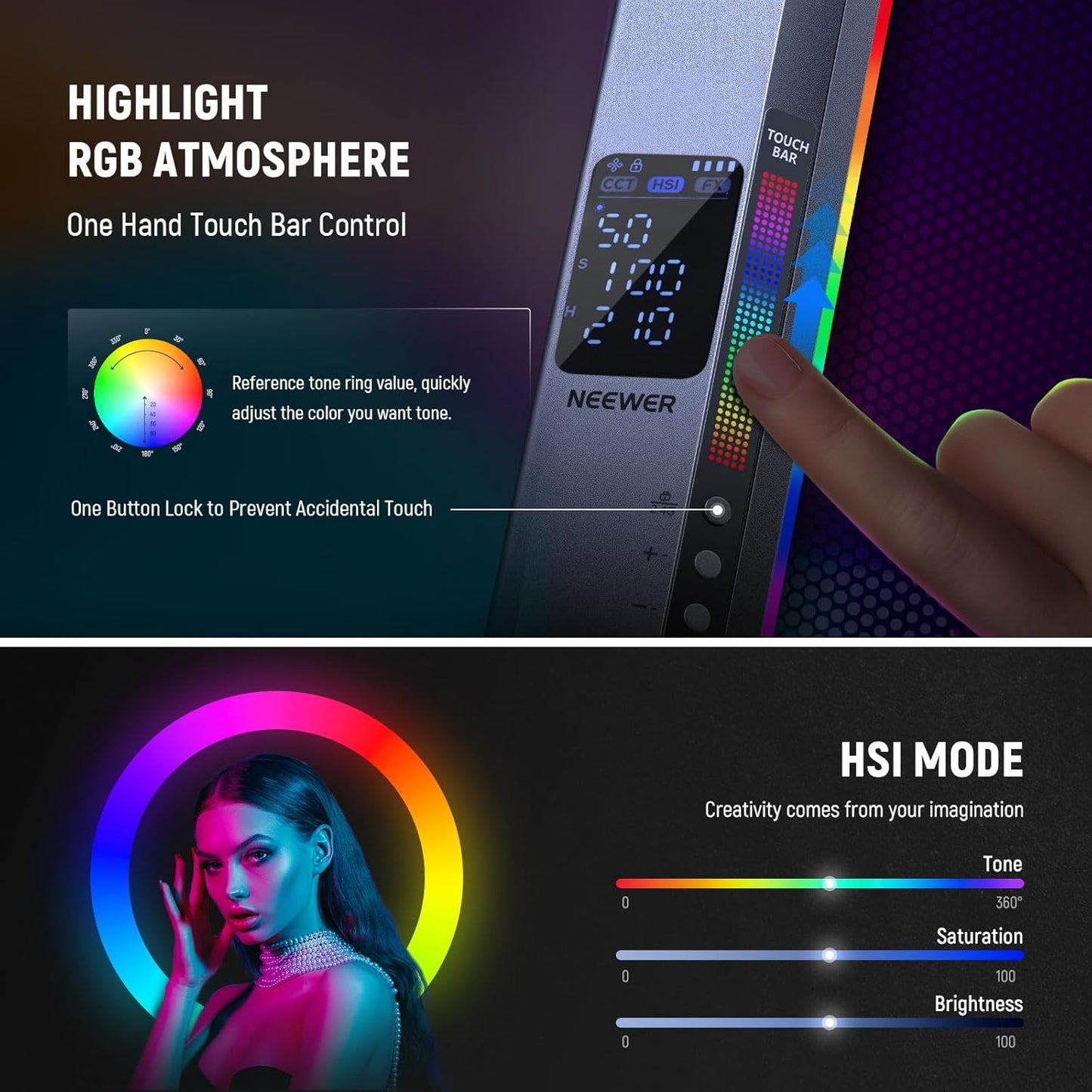 NEEWER RGB2 LED Tube Light Stick with Metal Barndoor, Handle, Touch Bar/APP/2.4G Control, Rechargeable Magnetic Handheld RGB Video Light, 2500K-10000K CRI98+ Dimmable Photography Lighting, 18 Scenes