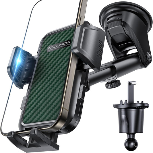 [2025 New] Dashboard Phone Holders for Your Car (+Vent Hook)[Military Grade Stable] Car Cell Phone Holder, Non-Slip Silicone Carbon Fiber Car Phone Mount, Rotatable Suction Cup for All Phone, Green