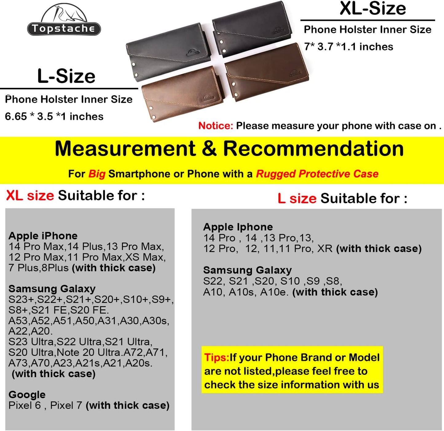 Topstache Leather Phone Holster with Belt Clip for Galaxy S23,S22,iPhone 14,14 Pro,Belt Phone Case for Universal Smartphone with Otterbox Case,Flip Cellphone Pouch,L,Black