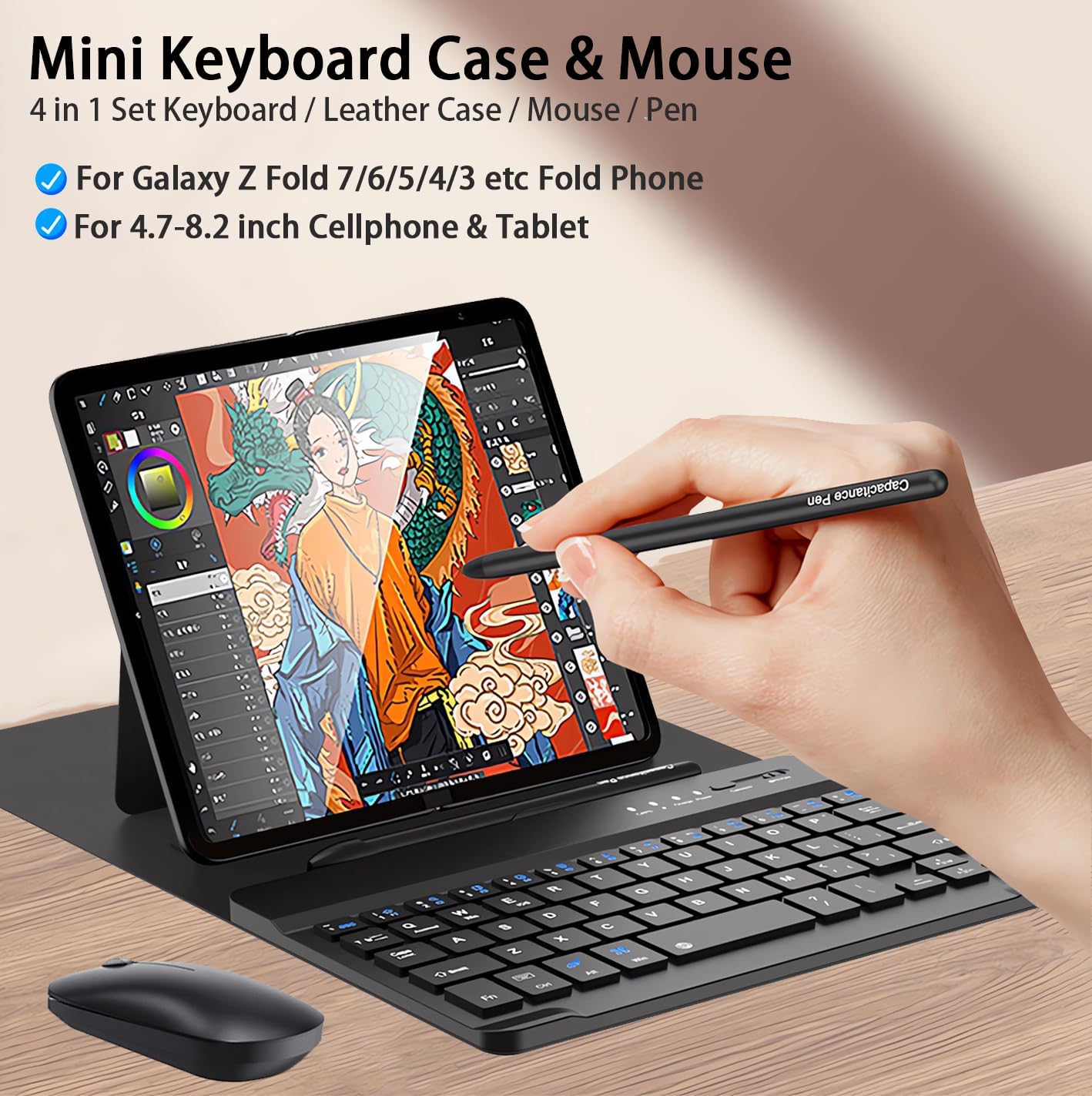 for Samsung Galaxy Z Fold 7 6 5 Keyboard and Mouse, Portable Mini 7.9 inch Bluetooth Keyboard with Leather Stand Case and Pen, 4 in 1 Travel Set for Z Fold7 6 Accessories,Black