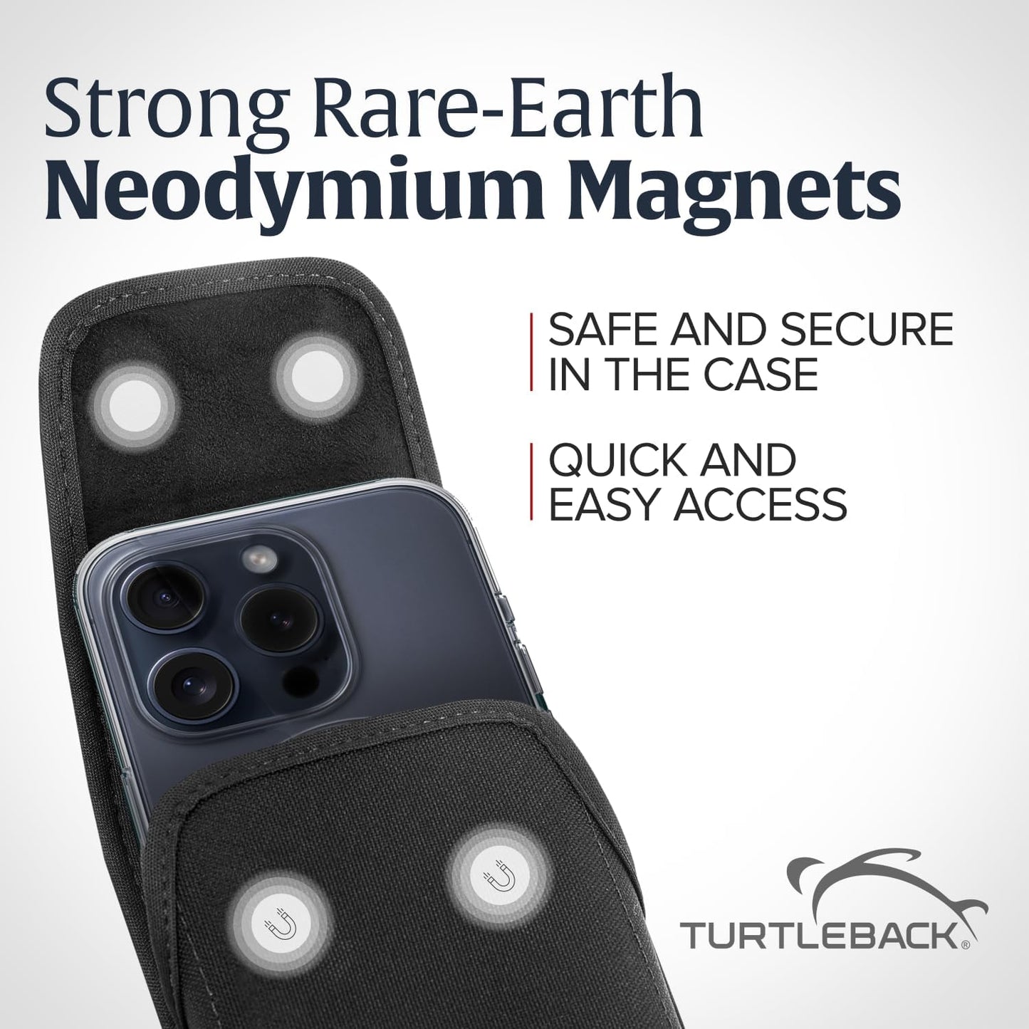 Turtleback Belt Clip for iPhone 16 Pro, 16e, 15 pro 14 Pro 13 Pro -Small- Fits w/Slim MagSafe Style Cases - Premium Black Nylon, Vertical Belt Holder, Magnetic Closure, HD Rotating Belt Clip