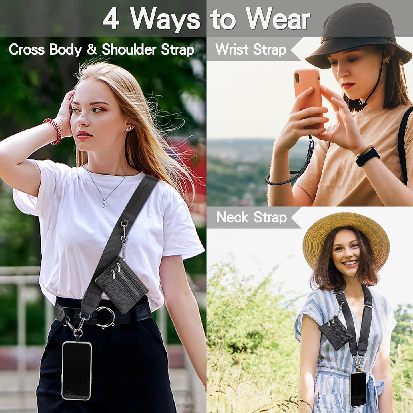 Save Girls Phone Strap with Wallet, 2 Pcs-Crossbody Phone Lanyard & Wrist Strap-2 Pads, Clip and Go Lanyard for Phones, Adjustable Neck Holder with Zipper Pouch for Women (Black)