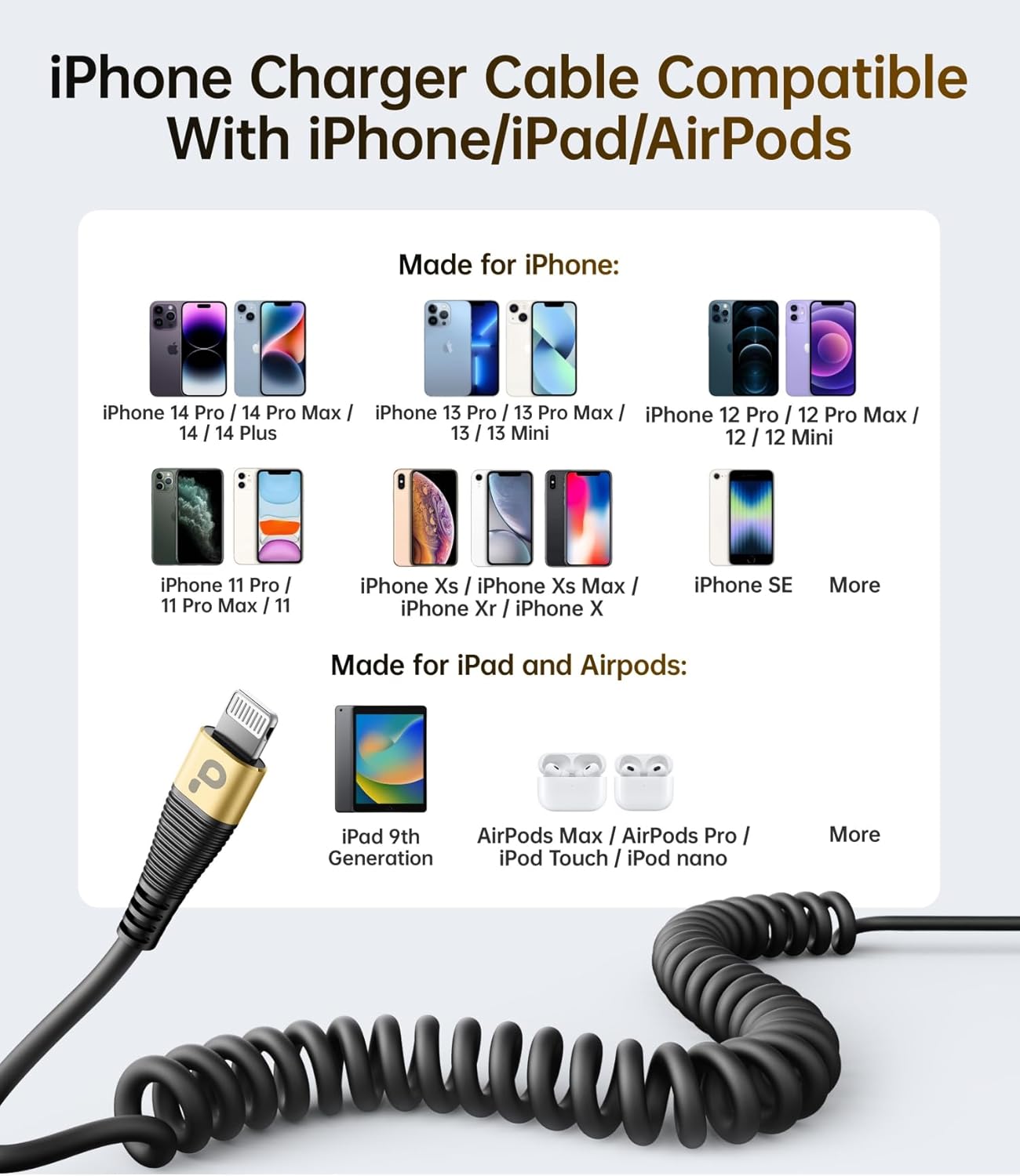 iPhone Charger Cable for Car, 2 Pack 5FT [Apple MFi Certified] Coiled Lightning Cable iPhone Charger Cord Compatible with iPhone 14/13/12/11 Pro Max/XS MAX/XR/XS/8/iPad/iPod/CarPlay-Gold