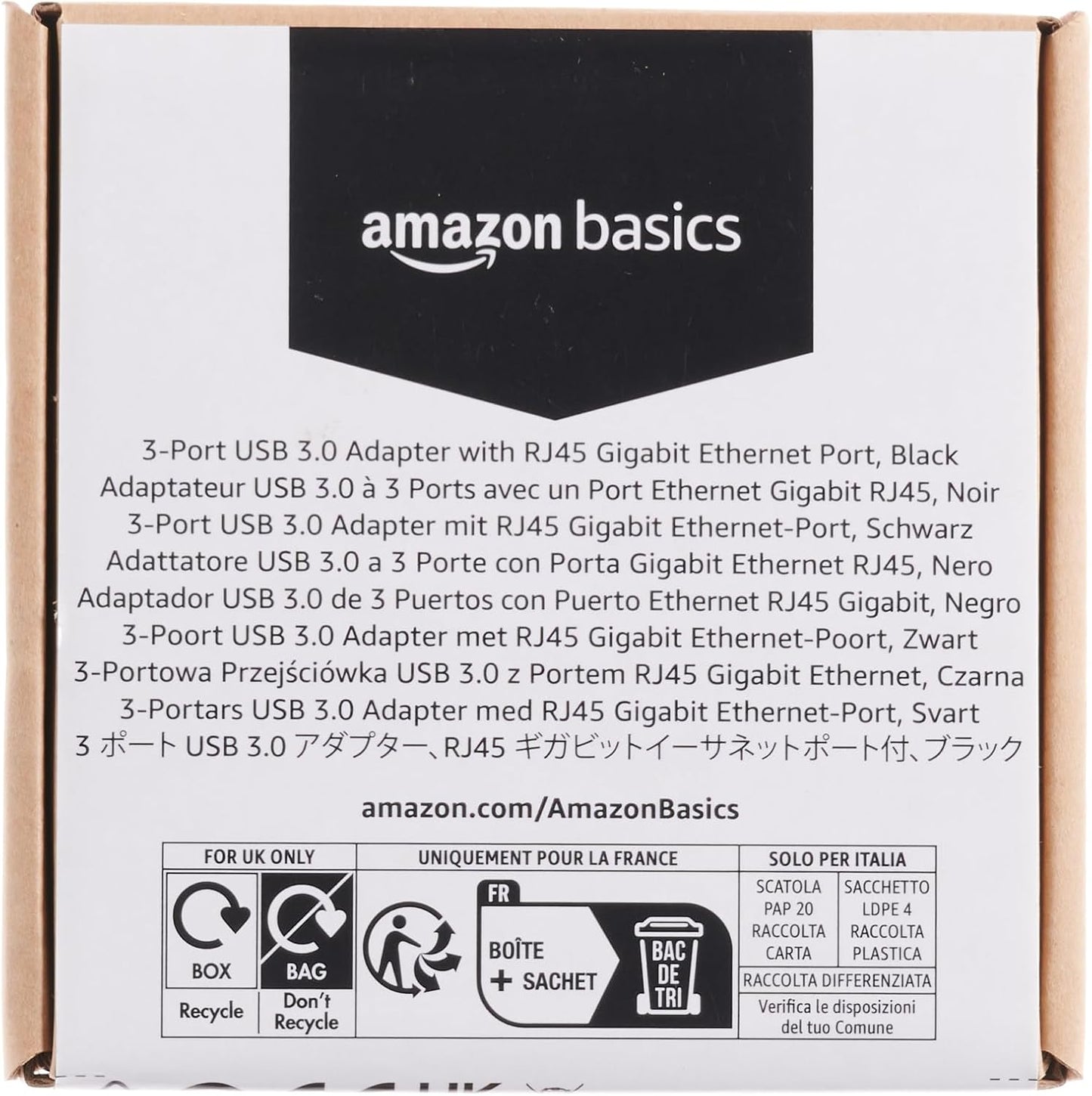 Amazon Basics 4-Port Adapter With 3 USB 3.0 USB-A Ports & 1 RJ45 Gigabit Ethernet Port, Black