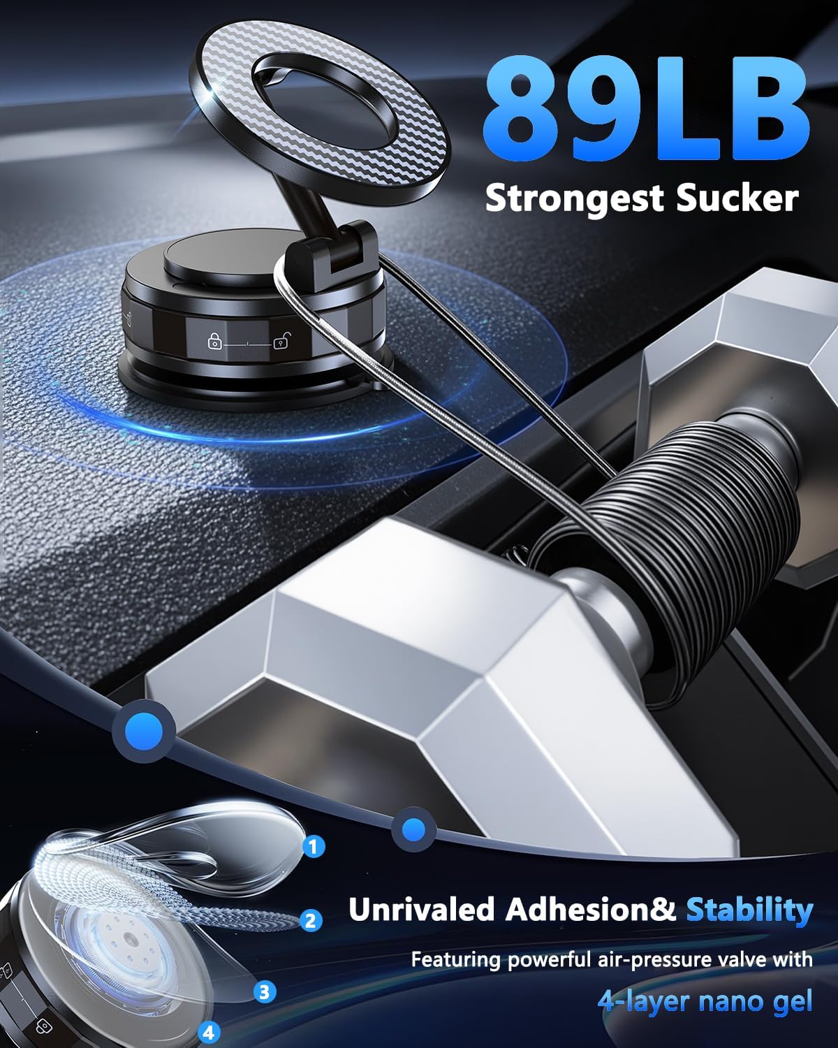 Vacuum Magnetic Car Phone Holder for Magsafe [89+LBS Suction & 3200gf Magnetic] 360° Adjustable Ultra Suction Cup Phone Holders for Your Car/Gym/Mirror, Car Mount for iPhone & Android (Black)