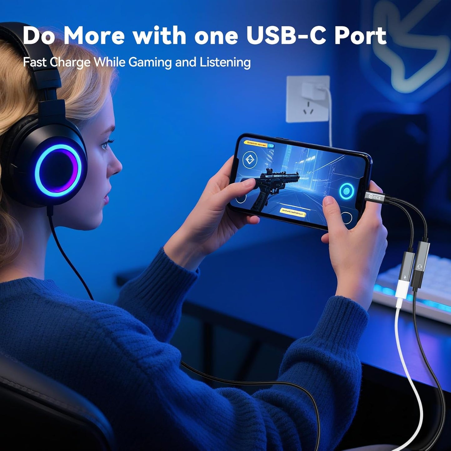 USB C Splitter,1 in 2 Out Dual USB C Type Headphone and Charger Audio Adapter, Type C Headphone Adapter and 60W PD Fast Charging Dongle Cable Compatible with Phone 16/15 Pro Max,USB-USB, 1Pack)