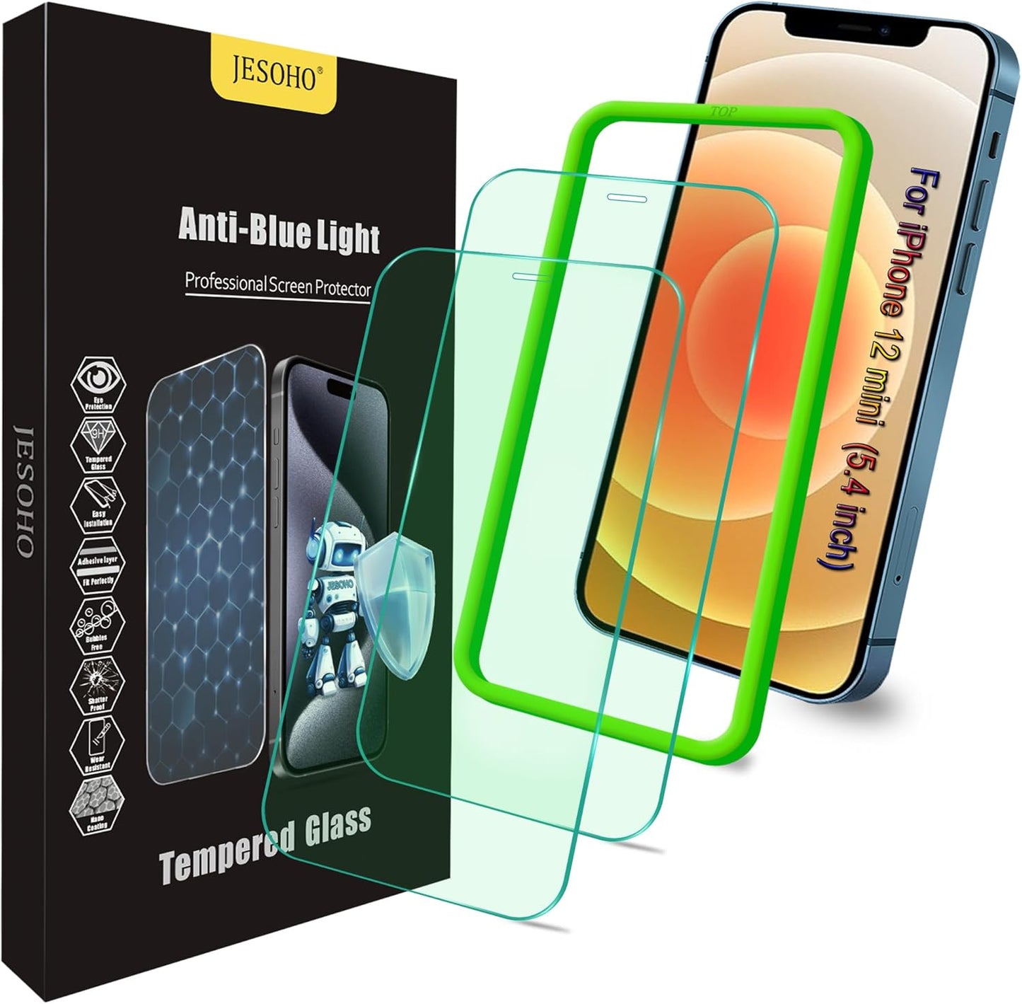 Screen Protector for iPhone 12 Mini (5.4"),Eye Protection, HD Anti Blue Light Blocking Tempered Glass Film, Case Friendly, No Bubble,with Easy Installation Kit, 2 Pack