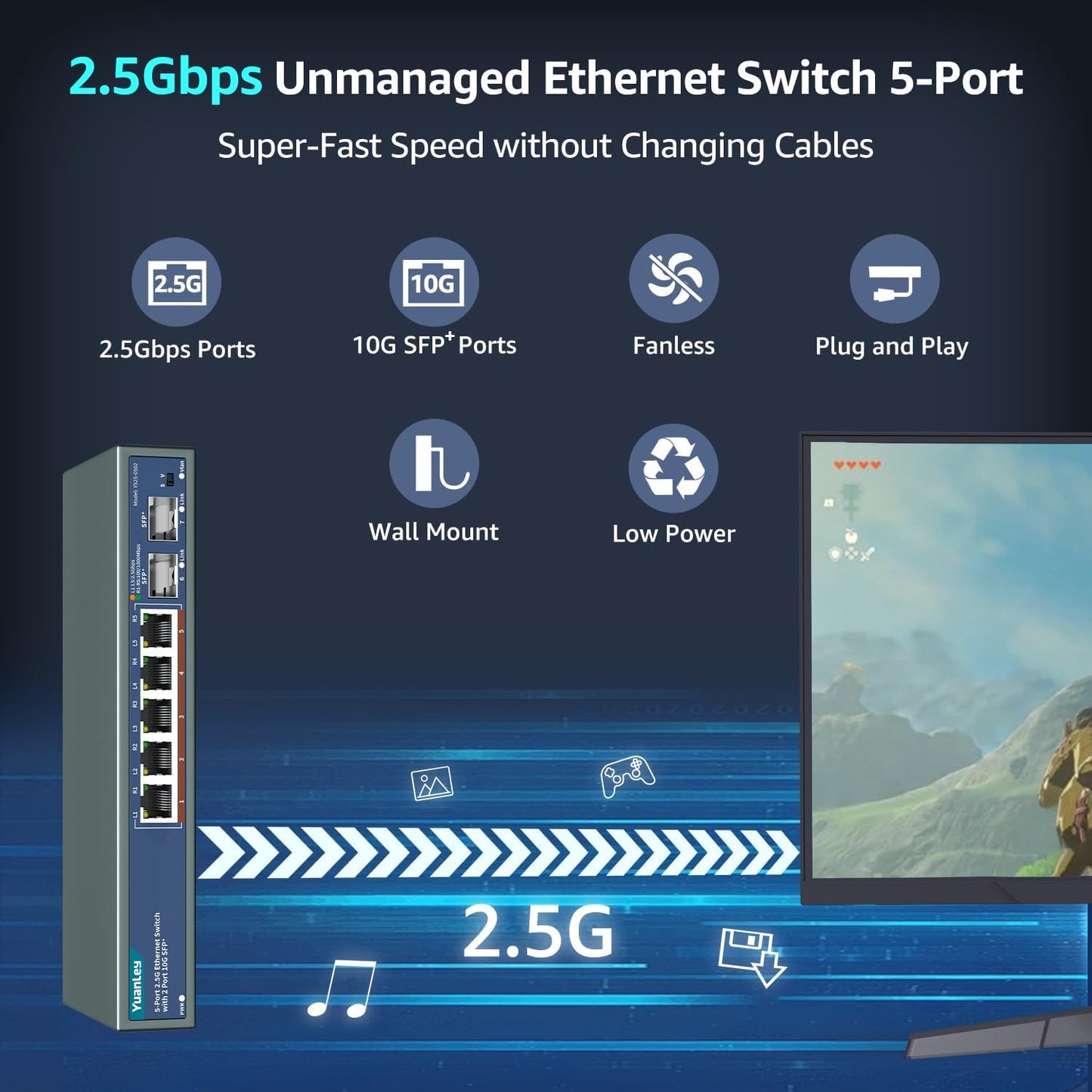 7 Port 2.5G Unmanaged Ethernet Switch, 5 x 2.5G Base-T Ports, 2 x 10G SFP, Compatible with 100/1000/2500Mbps, VLAN, Fanless, Desktop/Wall Mount YuanLey 2.5Gbe Network Switch for Wireless AP, NAS, PC