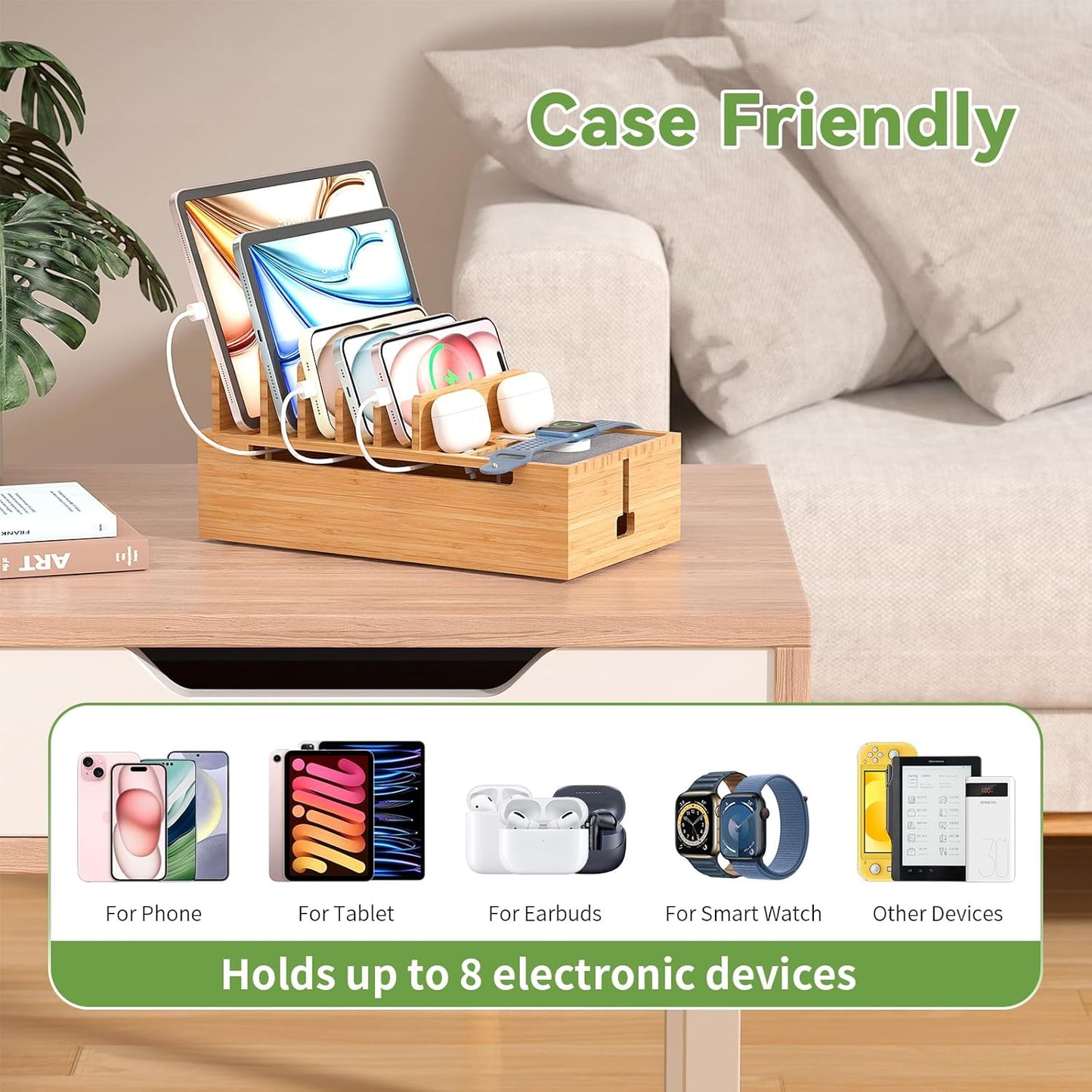 Pezin & Hulin Bamboo Charging Stand Rack, Wooden Charge Box for Mobile Phones, Tablets, Smart Watch and Earbuds, Wire Cable Organizer Box, Bedside Dock Stand Holder (NO Power Adapter Supply) -Natural