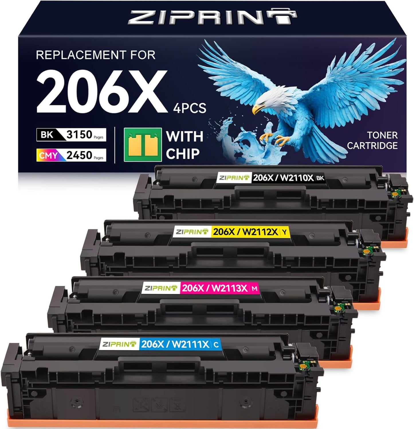 ZIPRINT 206X Toner Cartridges 4 Pack High Yield Compatible Replacement for HP 206X 206A for Color Laserjet Pro MFP M283fdw M283cdw M283fdn Pro M255dw M255nw M283 M255 Printer W2110A W2110X (with Chip)