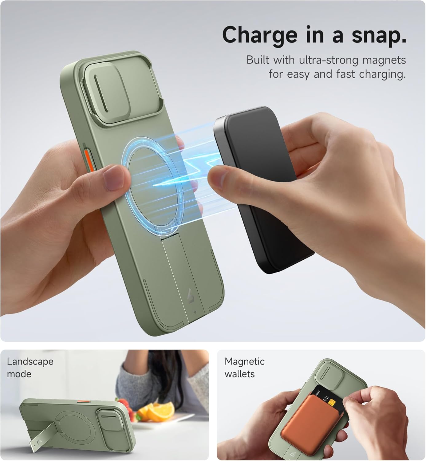 SURITCH for iPhone 13/14 Case with Magnetic Camera Slide Cover and Adjustable Kickstand, Compatible with MagSafe, Shockproof Bumper Case Slim Protective Cover for iPhone 13/14 6.1 Inch, Green