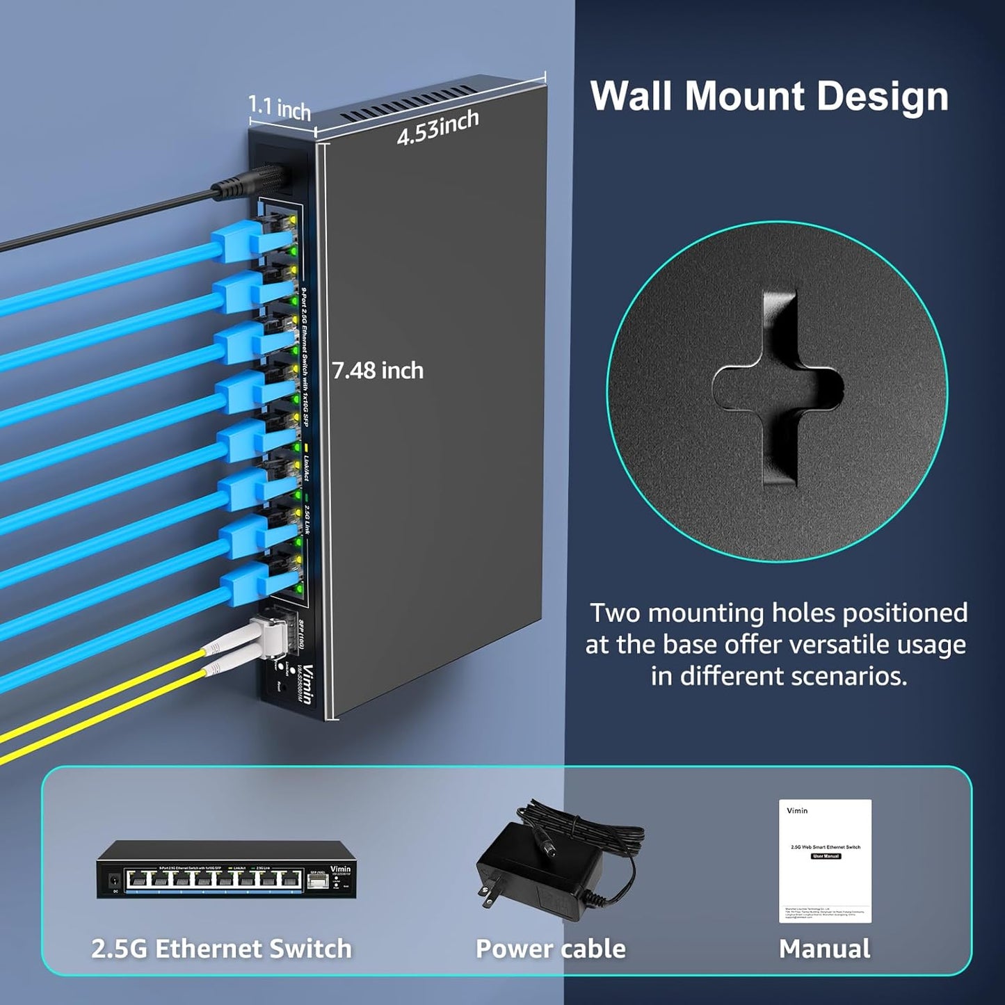 8 Port 2.5G Web Managed Ethernet Switch with 10G SFP, VIMIN 9 Port 2.5G Smart Network Switch Managed 60Gbps Switching Capacity, Support Vlan/QoS/IGMP/Static Aggregation, Desktop/Wall-Mount, Fanless