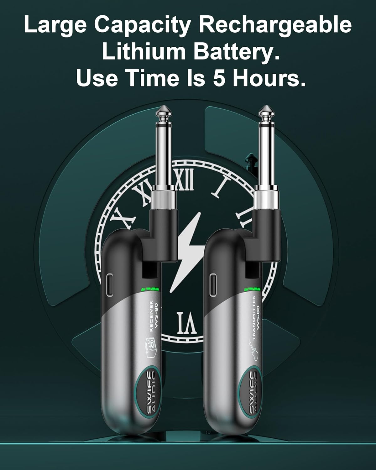 Wireless Guitar System, SWIFF Wireless Guitar Transmitter Receiver with 10 Channels, Dual Interface Design Guitar Wireless System for 6.35mm/3.5mm Audio Devices