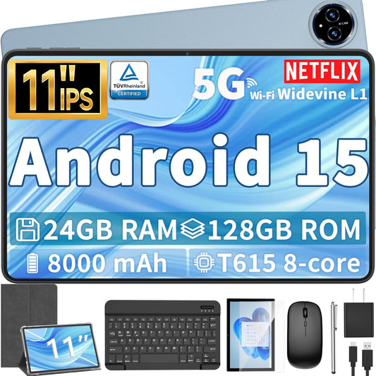 Android 15 Tablet, 11 inch Tablet with Keyboard, 24GB RAM (4GB RAM and 20GB Extend)+128GB, 1TB Expand, Octa-Core, 2.4G/5G WiFi, 8000mAh, BT V5.0, GMS Certified with Case, Mouse, Stylus(Silver)