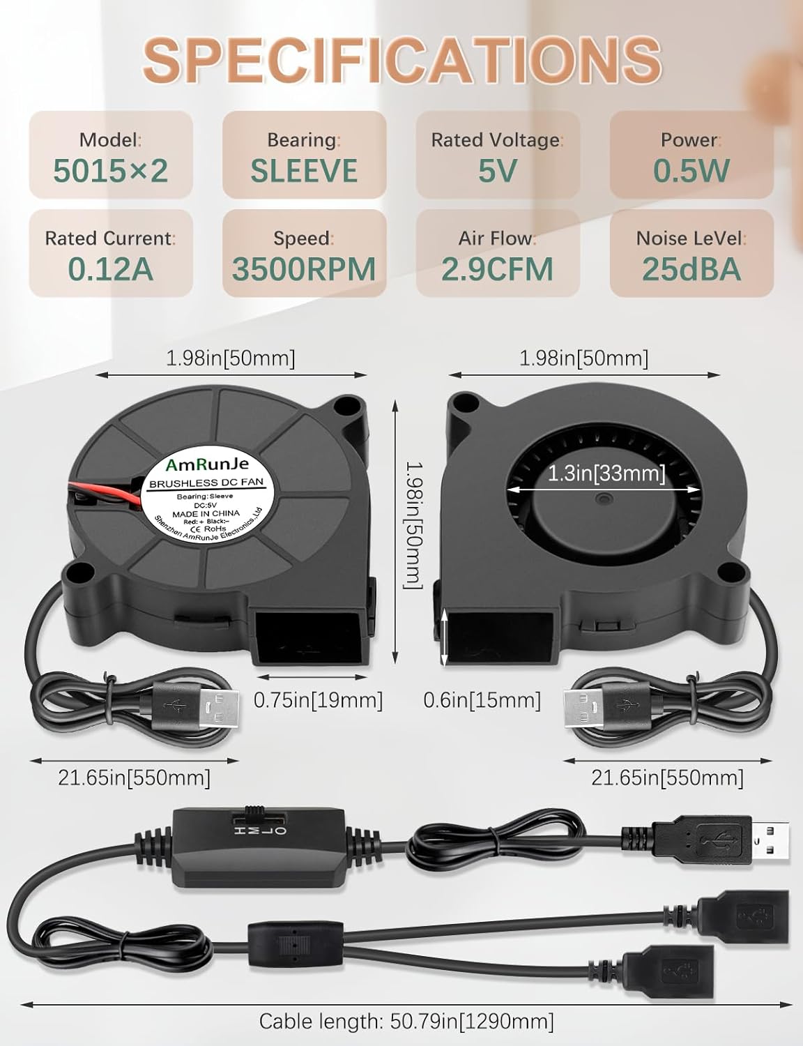 50mm x 15mm USB Blower Fan 2 Pack 5v Squirrel Cage Blower Fan with Variable Speed for Cooling DIY 3D Printer Costume Welding Helmet Thin Client CPU Modem