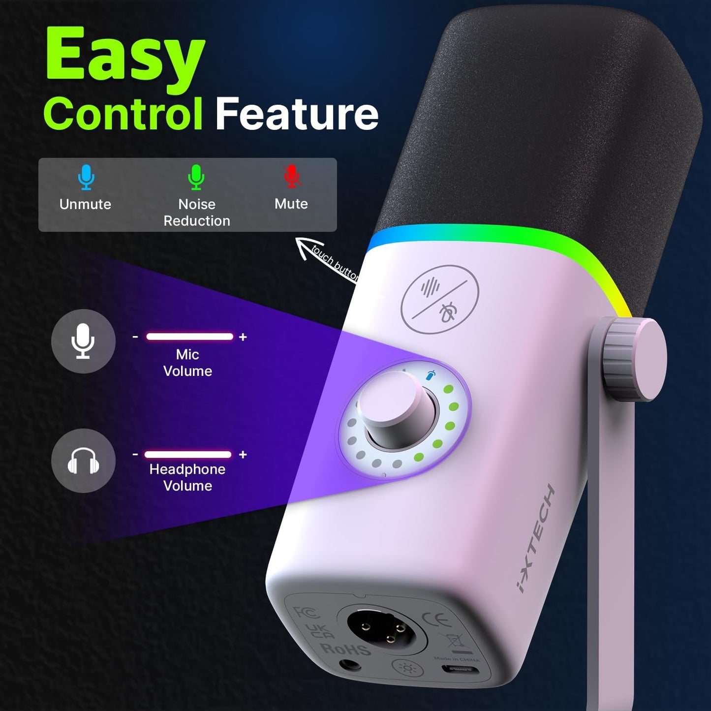 IXTECH Gaming USB Microphone for PC, Noise Cancellation Condenser Mic for Podcasts and Video Streaming with Tripod Stand, Pop Filter, Shock Mount, Gain Control, RGB Lights, Quiet Mute Button (White)