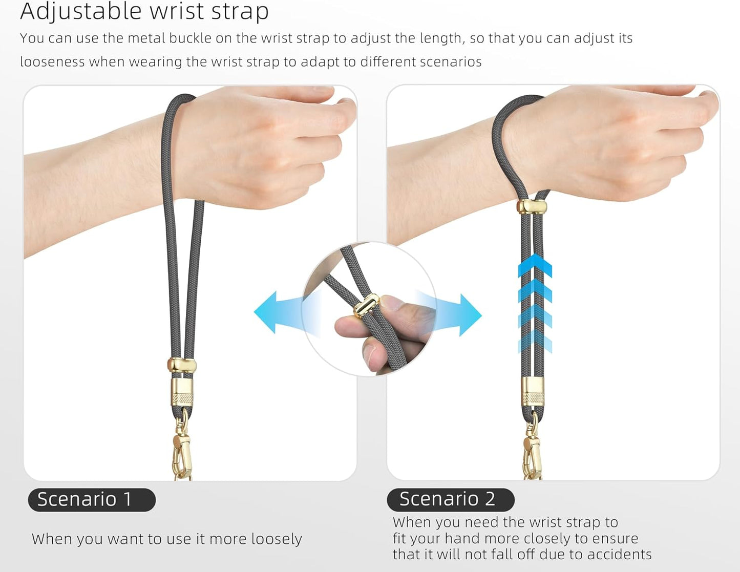 Cell Phone Lanyard Adjustable Crossbody Phone Lanyard *1 Phone Wrist Strap *1 with Deluxe Gold Matal Buckle + Clear Tether Tabs *2 for Shopping Travelling Hiking(BLACKGRAY)