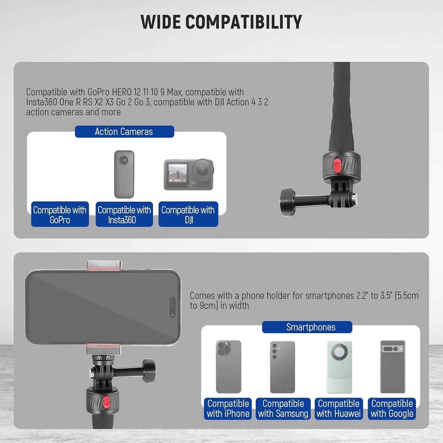 NEEWER Flexible Phone Holder with Magnetic Quick Release Camera Mount Compatible with Insta360 DJI Action 4 iPhone, Bendable Selfie Stick for Shopping Cart/Stroller/Treadmill/Gym, GP-17