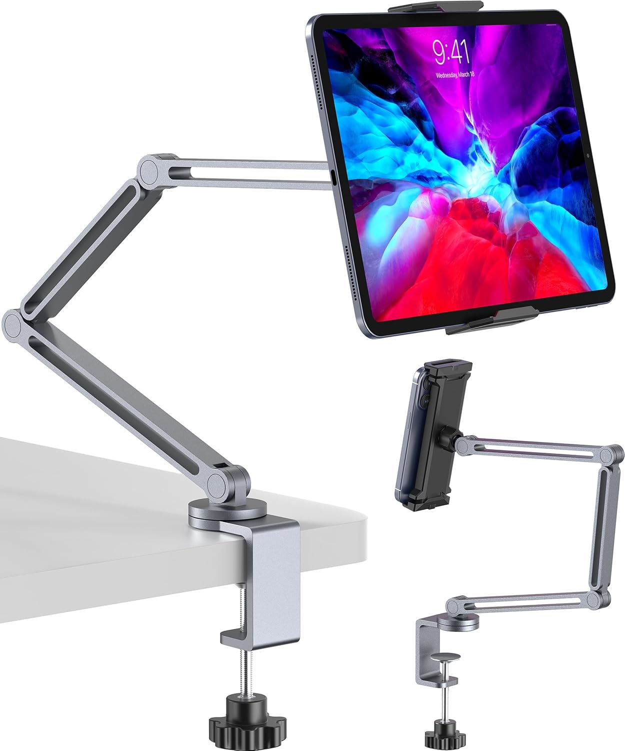 Tablet Arm Mount with Super Grip, Adjustable Foldable Holder & Heavy Duty Aluminum 360° Rotating Clamp for iPad, Phone, Monitor, Kindle - Universal for Desk, Bed, Kitchen - Gray
