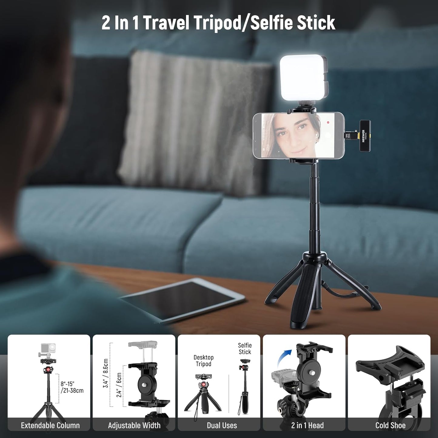 NEEWER PA048 Vlogging Kit for iPhone Android Podcast YouTube with RGB LED Light/KM23 Wireless Microphone System/Selfie Stick Phone Tripod/Cleaning Cloth, Content Creator Essentials