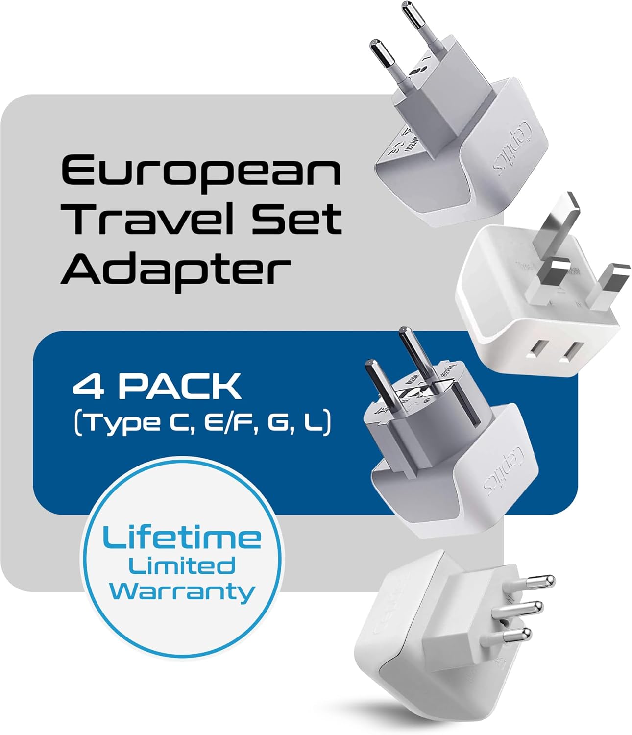 Ceptics European Plug Adapter 4 Pack Set, USA to Europe, Italy, Germany, England, Spain, Italy, Iceland, France (Type C, E/F, G, L) - for Your Cell Phones, Tablets, iPhone, Camera (CT-EU-4SET)