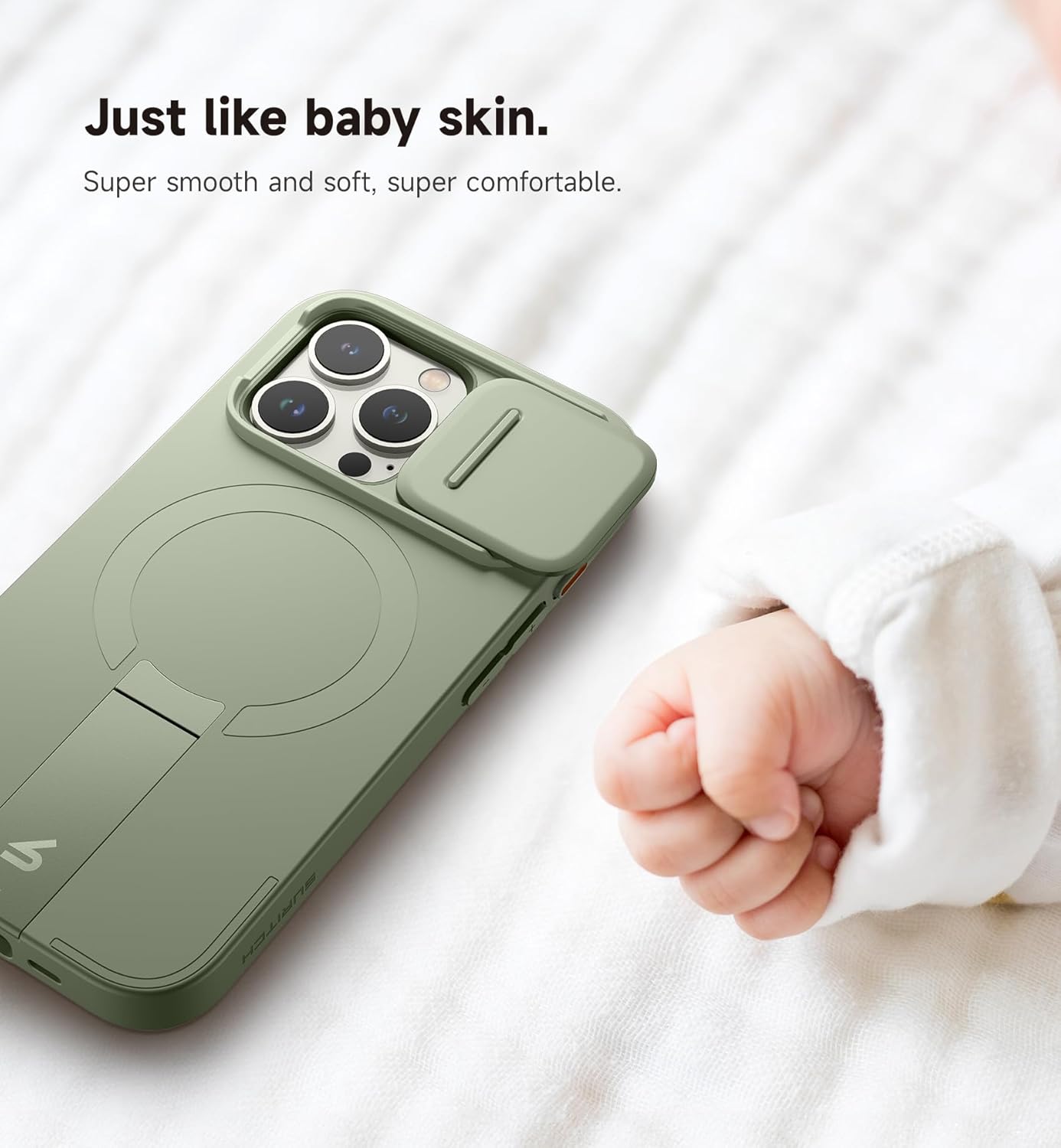 SURITCH for iPhone 15 Pro Case with Magnetic Camera Slide Cover and Adjustable Kickstand, Compatible with MagSafe, Shockproof Bumper Case Slim Protective Cover 6.1 Inch, Green