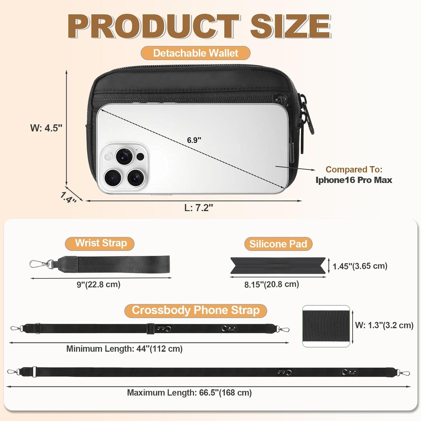 Clip and Go Strap for Phone with Wallet Crossbody, Adjustable Phone Lanyard with Detachable RFID Wristlet Wallet, Black (L)