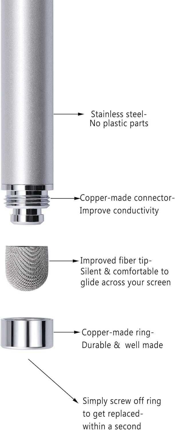 Stylus, 4 Pcs 5.0 Inch Mesh Fiber Tip Stylus Pens for Touch Screen, Compatible with iPad, iPhone, Kindle Fire, 4 Extra Replaceable Hybrid Fiber Tips (White, Black, Silver, Blue)