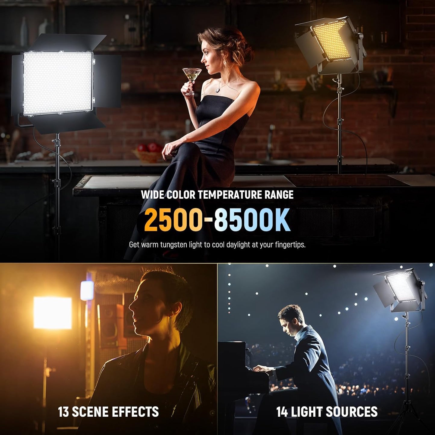 NEEWER 150W Bi Color LED Panel Video Light Kit, 1440 LEDs 49500Lux@0.5m 2500K-8500K CRI96+/TLCI97+ 0-100% Dimming APP/2.4G/Panel/DMX Control for Pro Studio Photography Recording Stage Lighting, AP150B