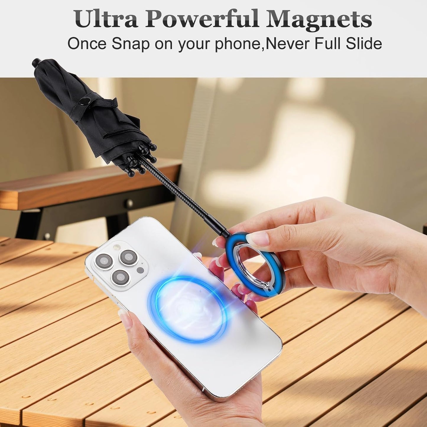 Magnetic Umbrella Phone Stand for Sun Protection,Adjustable Sun Shade Shield for iPhone 16/15/14/13/12 Pro Max,Samsung & Google,Detachable Ring Stand,Heat-Resistant Design,Car Mount Compatible, Black
