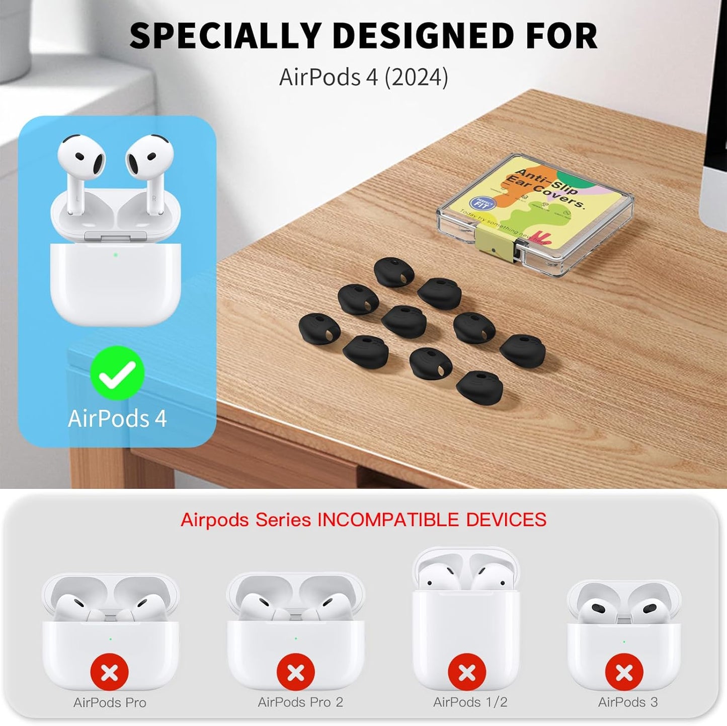 [5 Pairs] for AirPods 4 Ear Tips Covers Sport Anti Slip Anti Scratche Skin Soft Silicone Eartip AirPods 4 Gen Earbuds Accessories Compatible with Apple AirPods 4th Generation (Black)