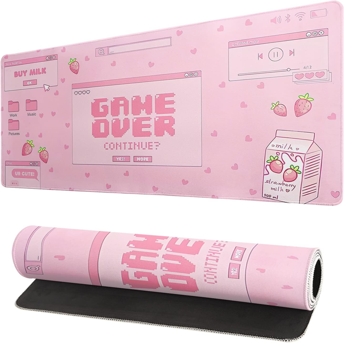 Pink Gaming Mouse Pad 31.5x11.8 Inch Pastel Game Over Large Mousepad Kawaii Office Decor for Women Non-Slip Rubber Base Stitched Edges Keyboard Mouse Mat Desk Pad for Office Home and Game