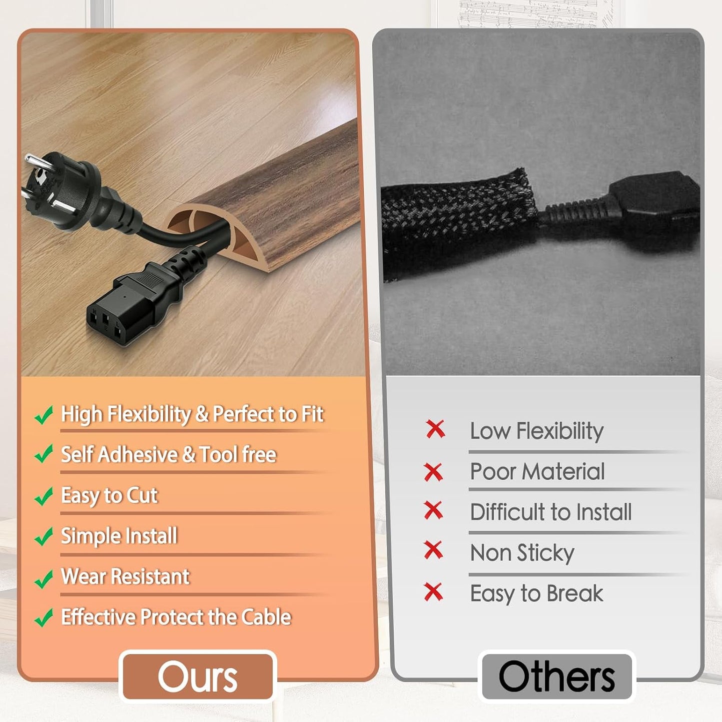 Floor Cord Cover for Wires on Floor Self Adhesive Cord Hider Floor Cable Management Wire Covers for Cords Protector Prevent Cable Trips Cord Cavity W 0.51" x H 0.31", Misty Brown Wood, 10Ft