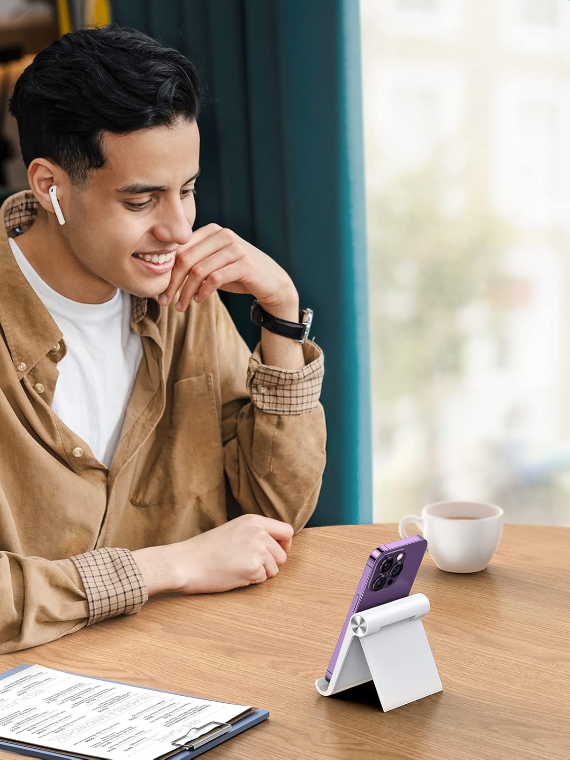 UGREEN Cell Phone Stand for Desk Phone Holder Foldable Portable Adjustable Compatible with iPhone 16 15 14 13 Pro Max, iPhone 12 11 Plus SE XS XR 8 7, Office Desk Travel Accessories, White