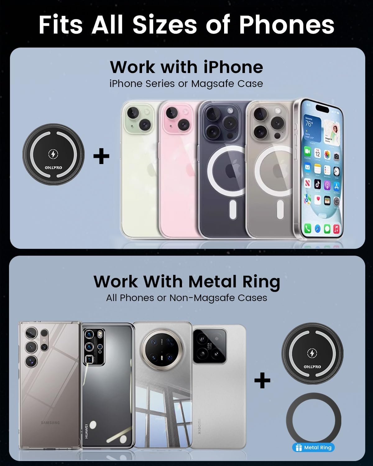 OHLPRO for MagSafe Car Mount for iPhone 16 15 14 Pro Max, 15W Fast Charging Phone Holder, Magnetic Car Charger Accessories, 360° Rotation, Adhesive Base for Tesla, Gift for Men Women, Black