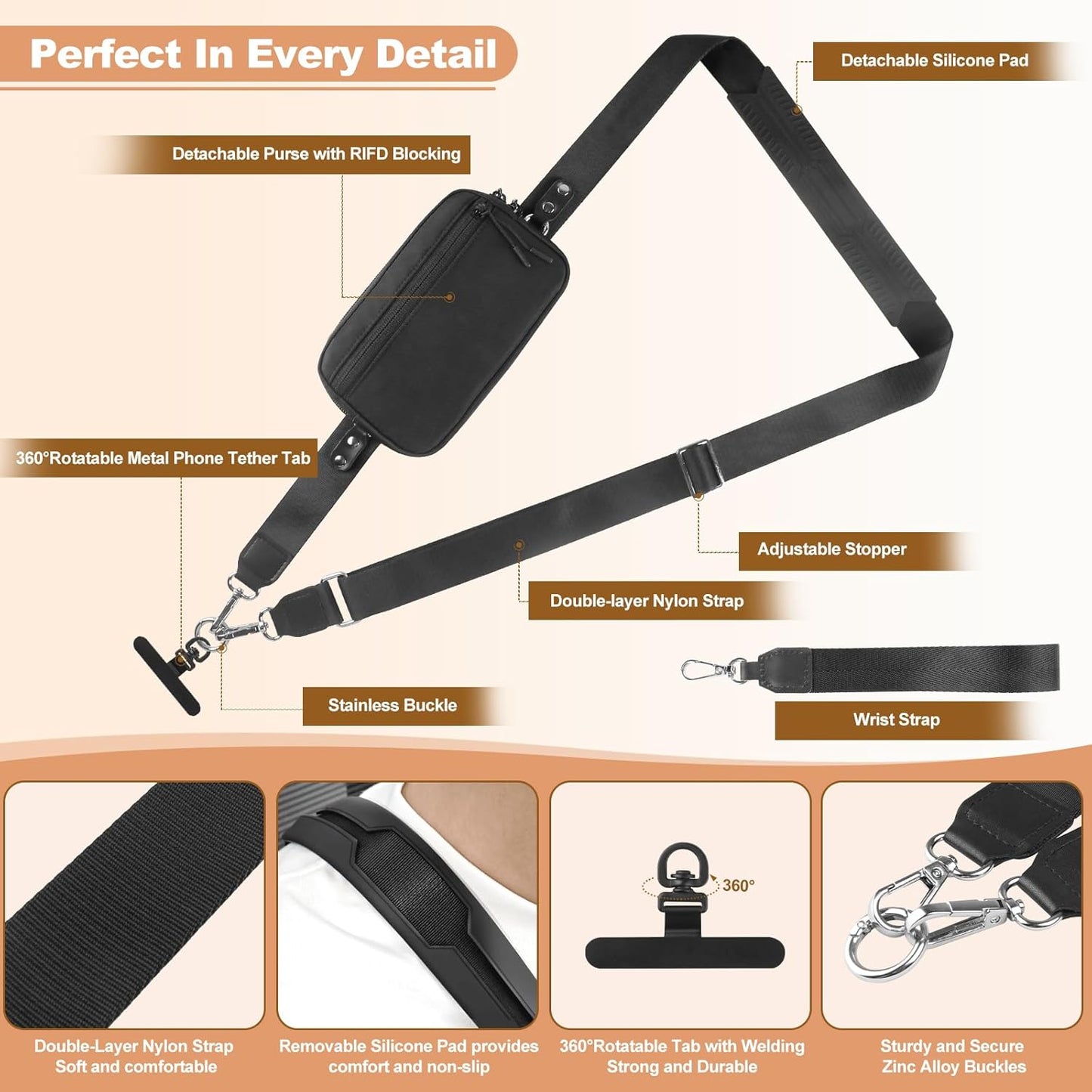 Clip and Go Strap for Phone with Wallet Crossbody, Adjustable Phone Lanyard with Detachable RFID Wristlet Wallet, Black (L)