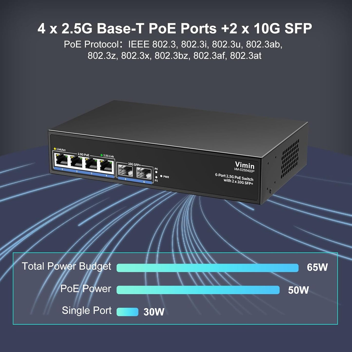 6-Port 2.5G PoE Switch Unmanaged, 4X 2.5GBase-T PoE Ports, 2X 10Gbps SFP, 4 Port PoE Switch 60Gbps Switching Capacity, Support IEEE802.3af/at, Metal Housing, Fanless, Desktop/Wall Mount 2.5Gbe Switch