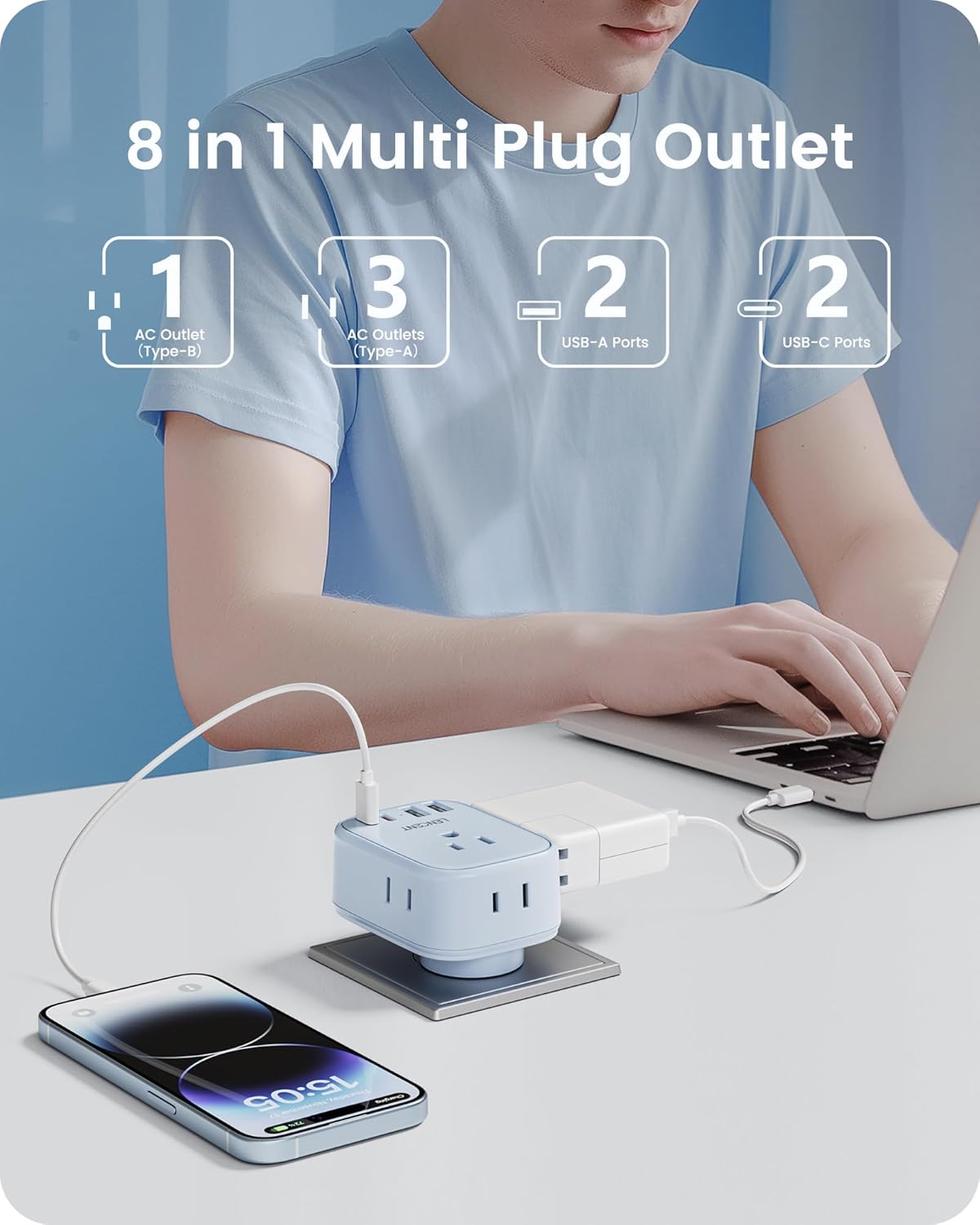LENCENT Multi Plug Outlet Extender with USB C, 4 AC Electrical Outlet Expander with 4 USB Charger Cube, Small Multiple Wall Tap Plug Splitter for Home Office Travel Cruise Dorm Essentials- Blue