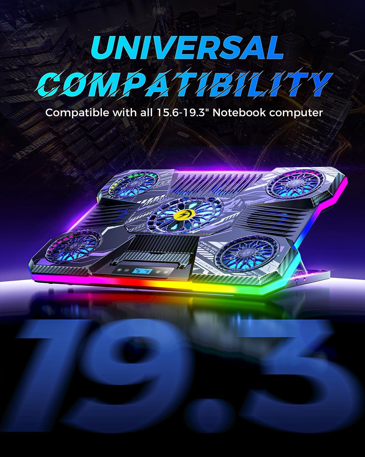 ChillCore Laptop Cooling Pad, RGB Laptop Fan Cooling Pad 9 Fans for 15.6-19.3 Inch Laptops, Gaming Laptop Cooler with 8 Height Stands, 2 USB Ports - A21 Pattern