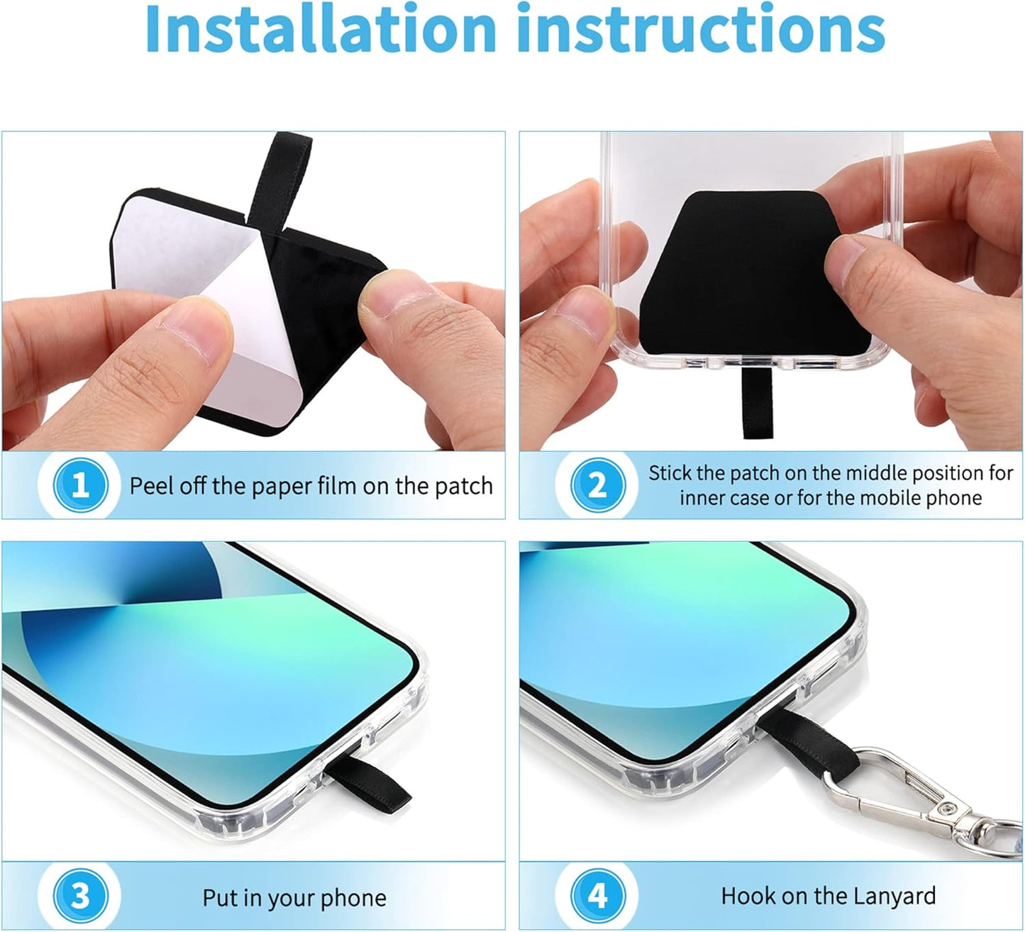 CACOE Phone Lanyard 2 PCS-2 PCS Adjustable Neck Strap,4 PCS Patches,Universal Crossbody Multifuctional Cell Phone Lanyards Compatible with Most Smartphones(Black+Bright Blue)